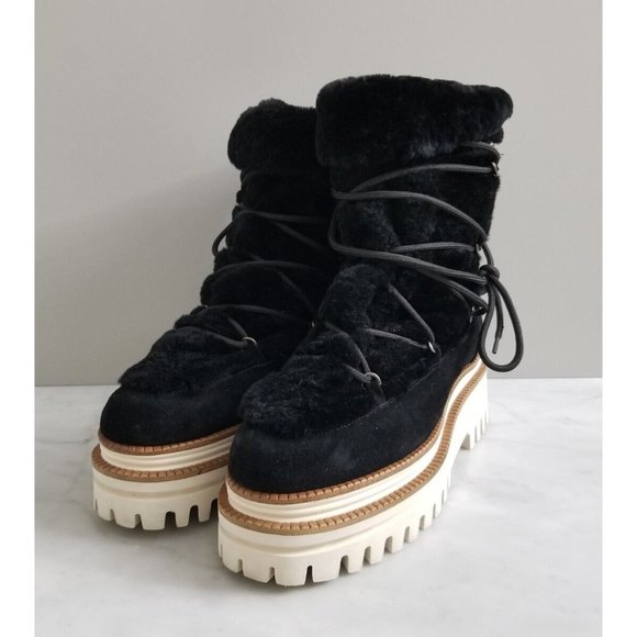 Paloma Barcelo Nazare Black Suede Shearling Platform Boots Size 41 - Picture 2 of 5